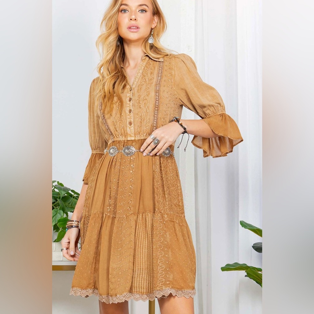 1710. Young Threads Camel Embroidered Viscose Dress Size Small
